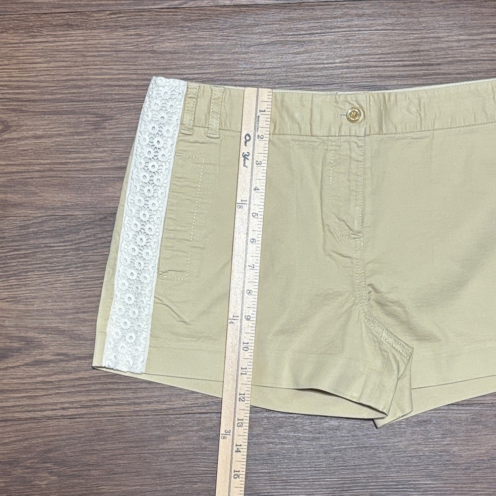 Tory Burch Tan Shorts White Lace Side Panels High Waist Size 8 Summer Chic - Picture 5 of 6